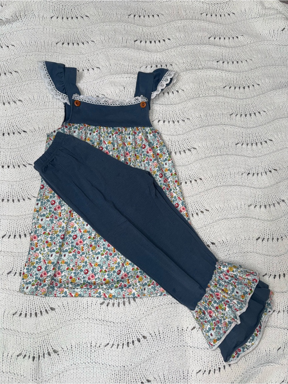 Blue Floral Ruffle-Hem Matching Leggings Set